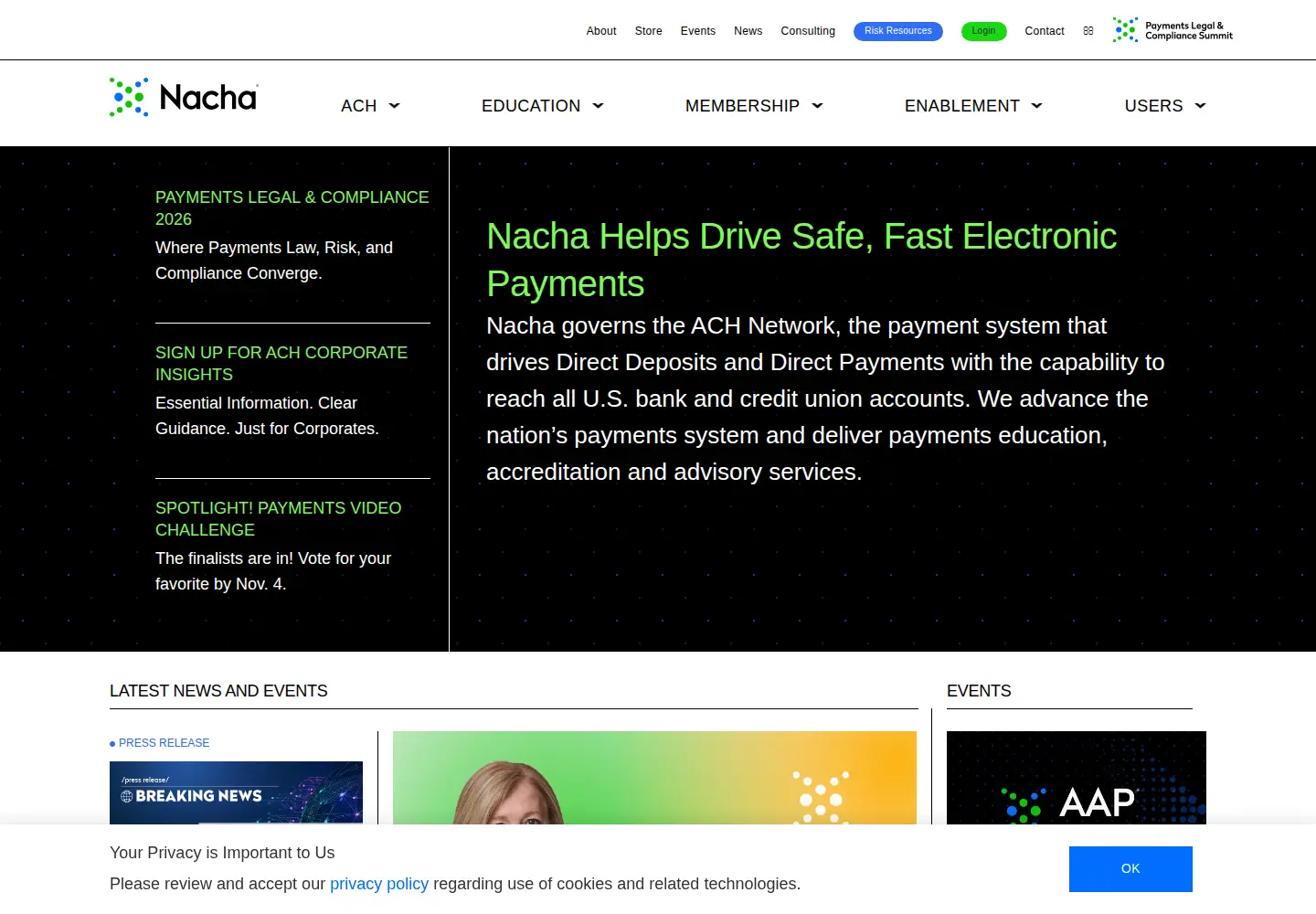 Captured homepage of nacha.org in the current scan