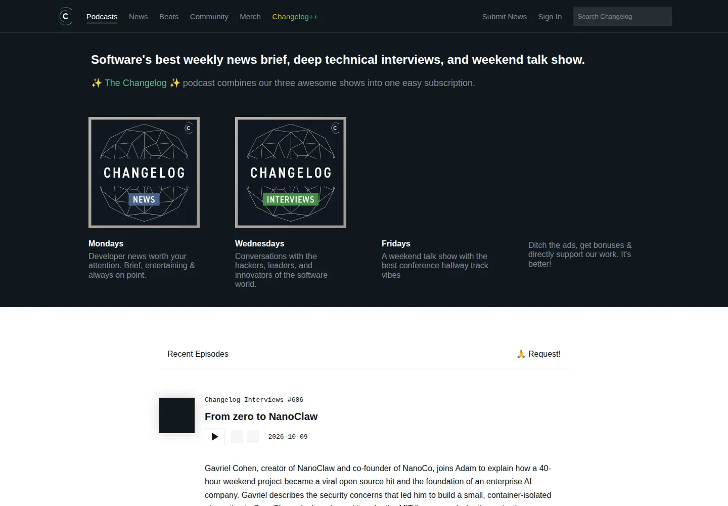 Screenshot of changelog.com