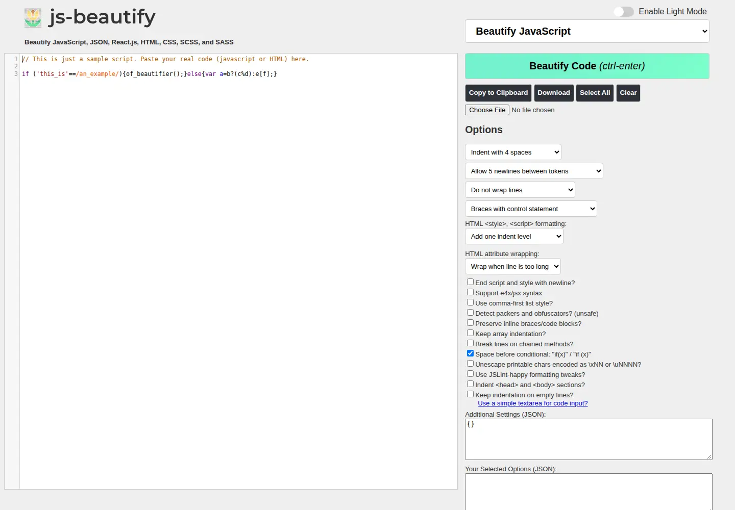 Captured homepage of jsbeautifier.org in the current scan