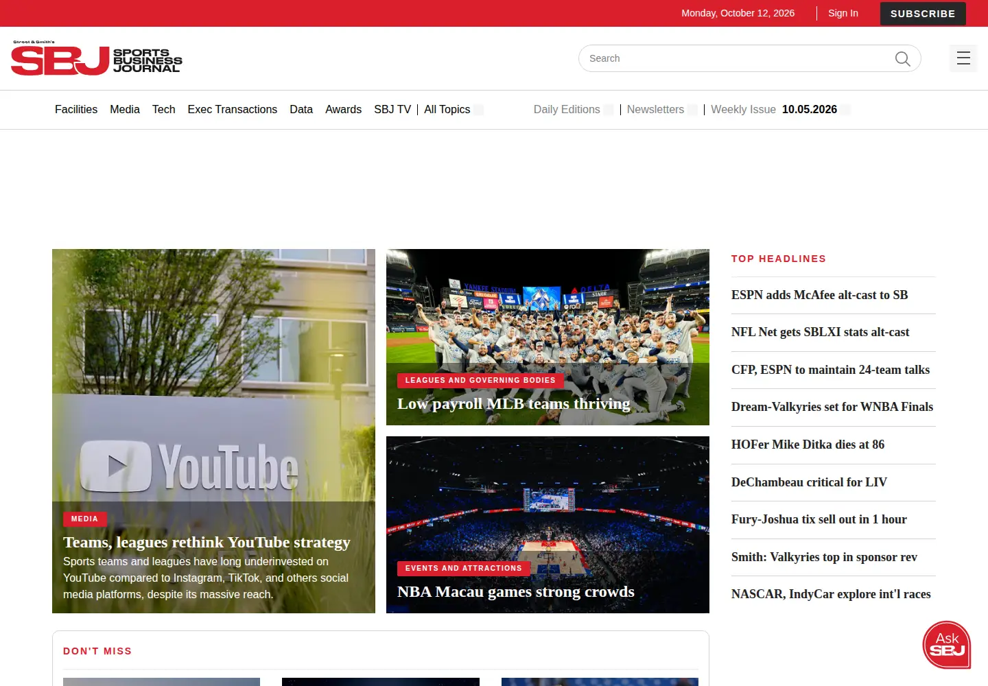 Captured homepage of sportsbusinessjournal.com in the current scan