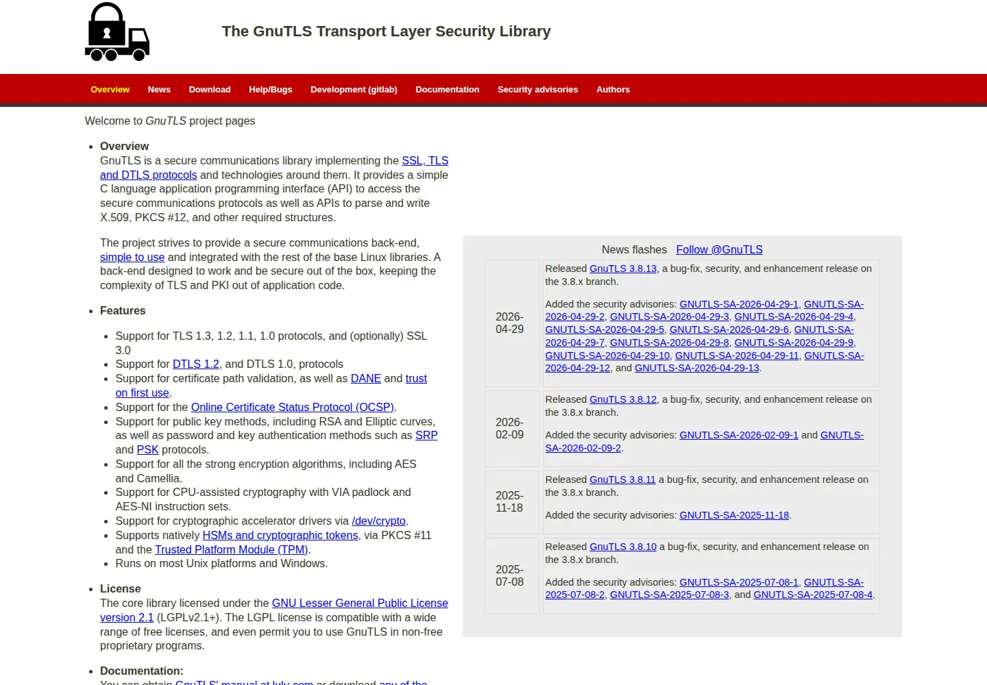 Captured homepage of gnutls.org in the current scan