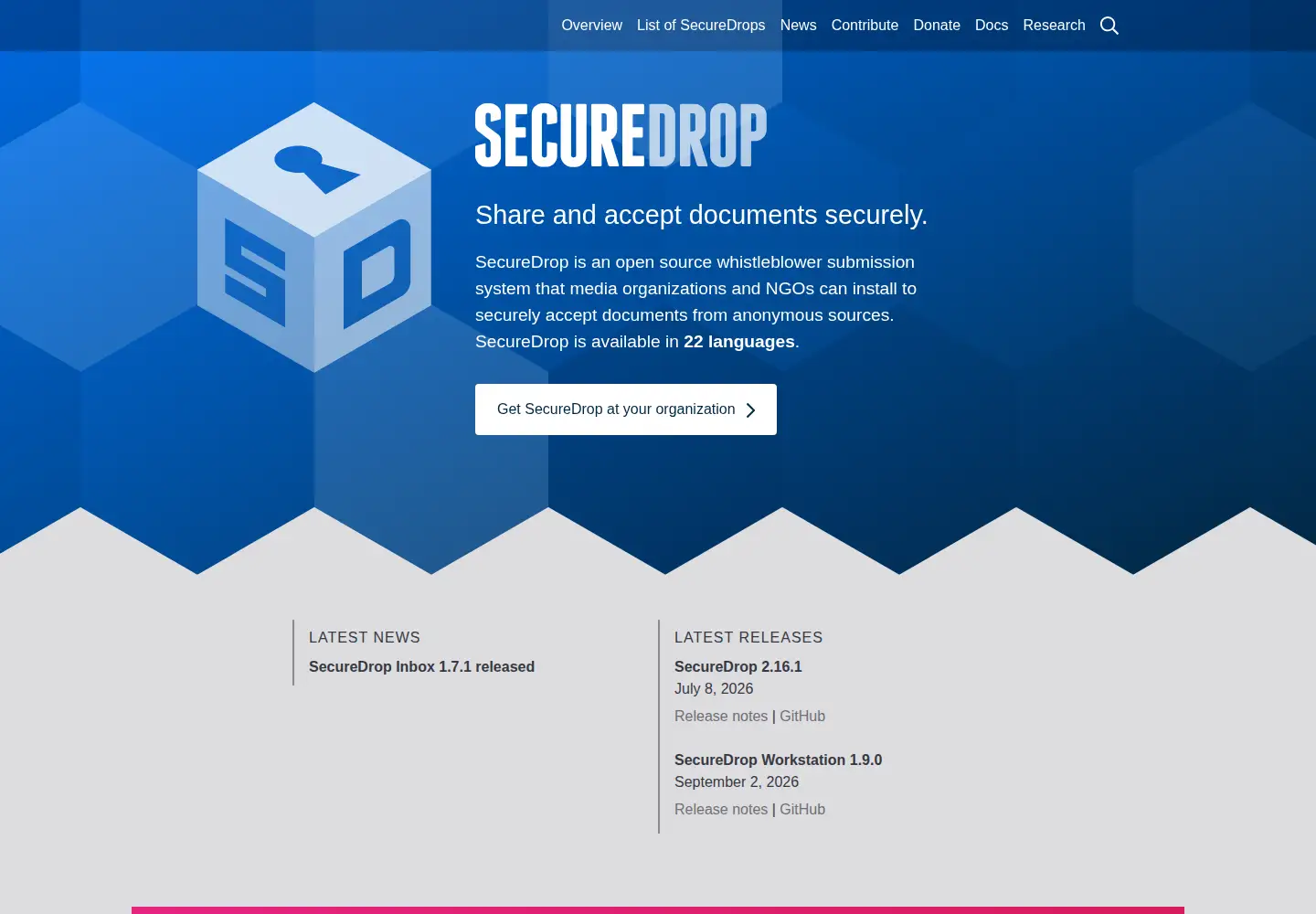 Captured homepage of securedrop.org in the current scan