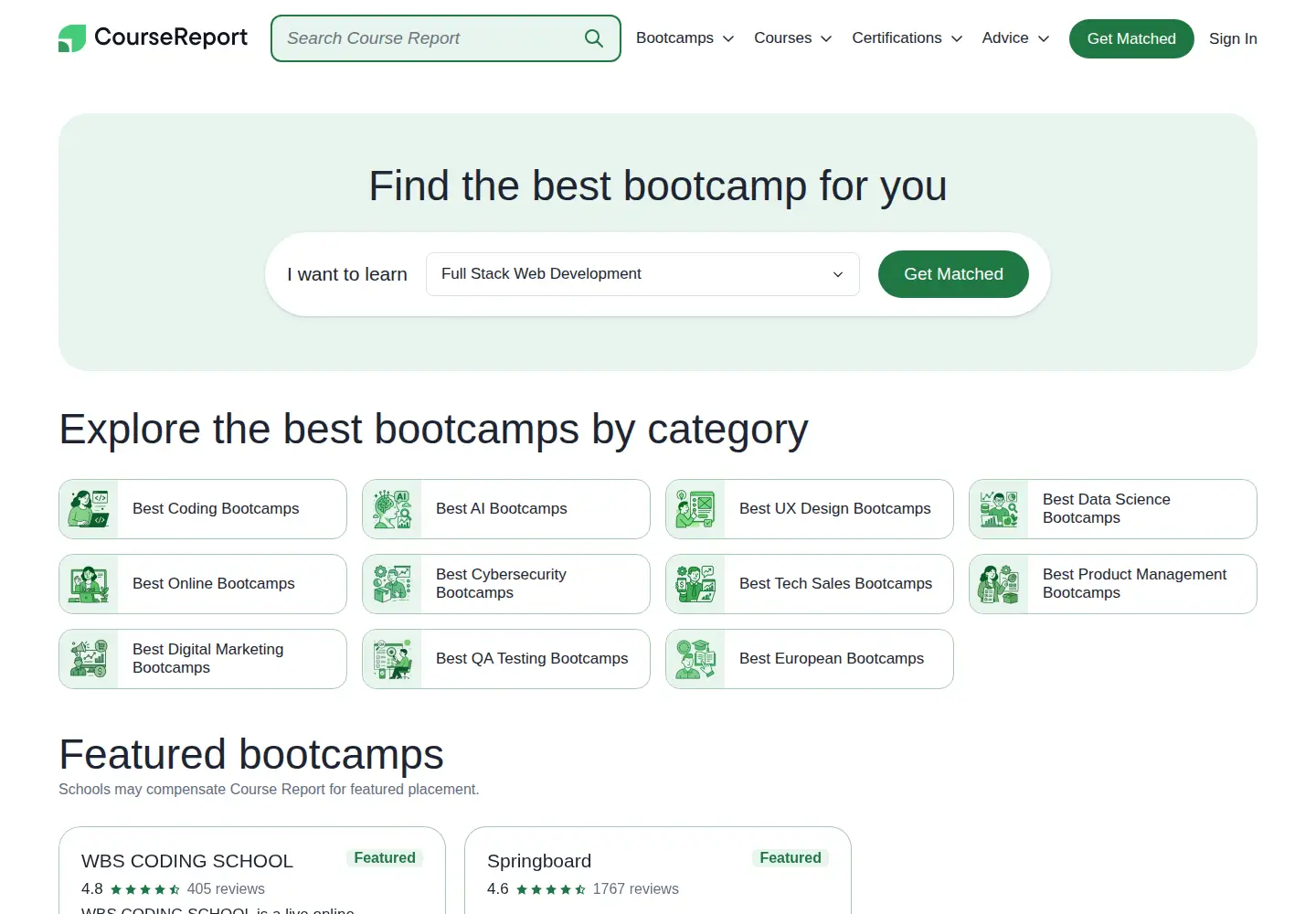 Screenshot of coursereport.com