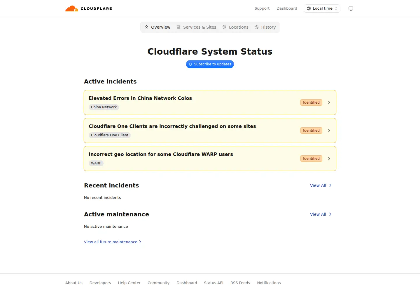 Captured homepage of cloudflarestatus.com in the current scan