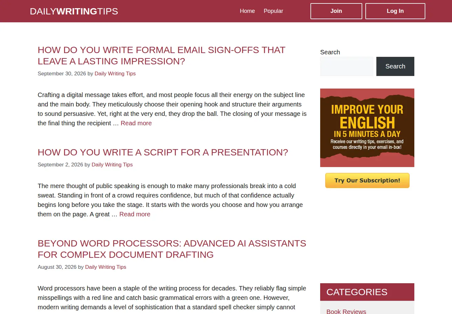 Screenshot of dailywritingtips.com