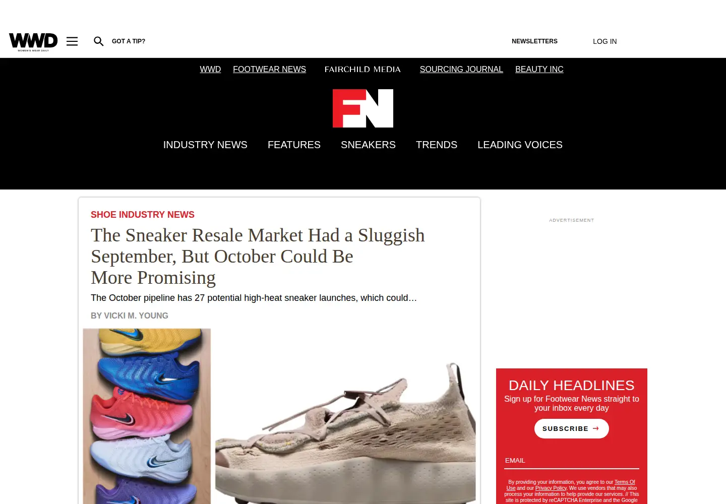 Captured homepage of footwearnews.com in the current scan