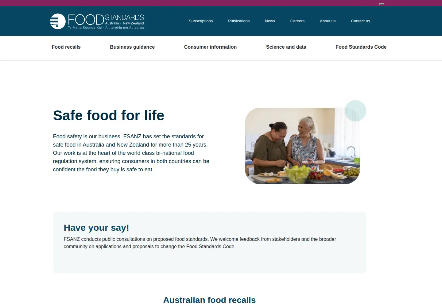 Captured homepage of foodstandards.gov.au in the current scan