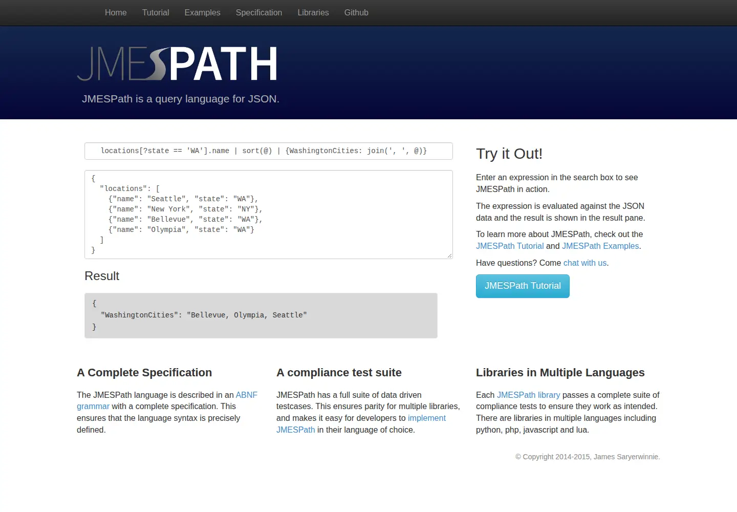 Screenshot of jmespath.org