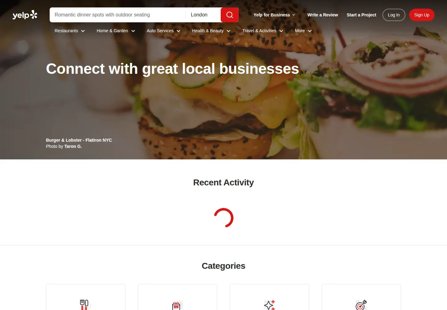 Captured homepage of yelp.co.uk in the current scan