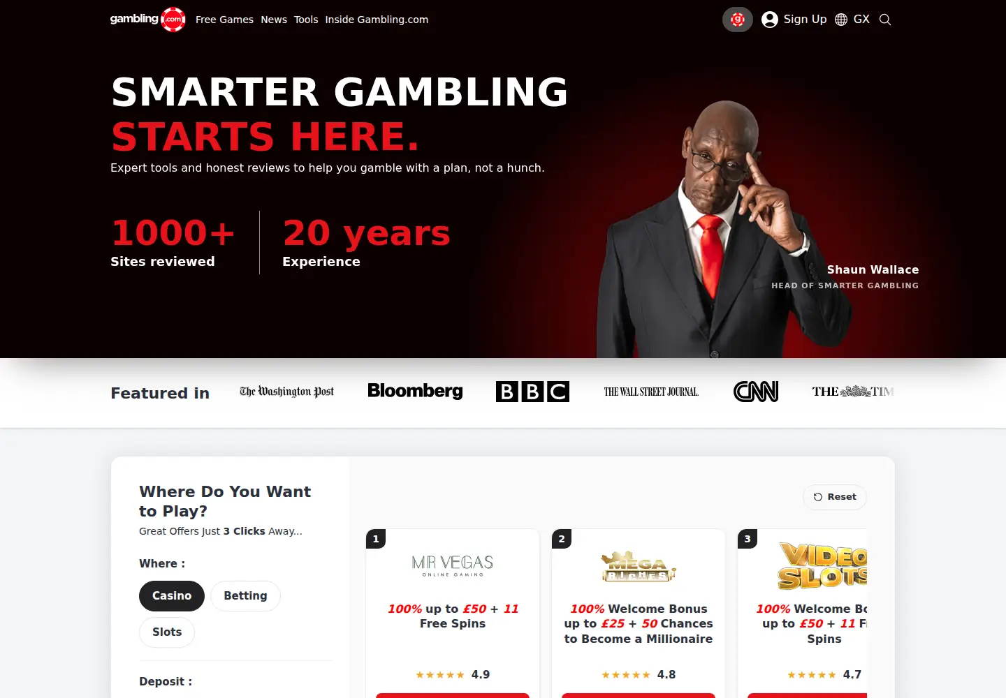 Captured homepage of gambling.com in the current scan