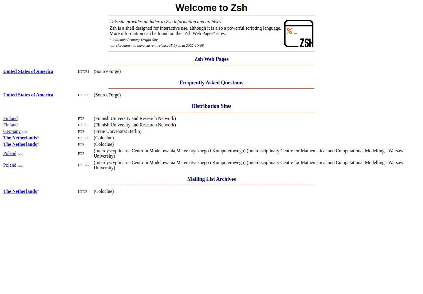 Screenshot of zsh.org