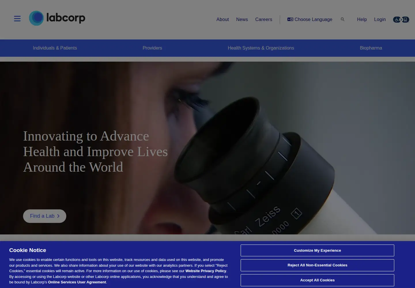 Captured homepage of labcorp.com in the current scan