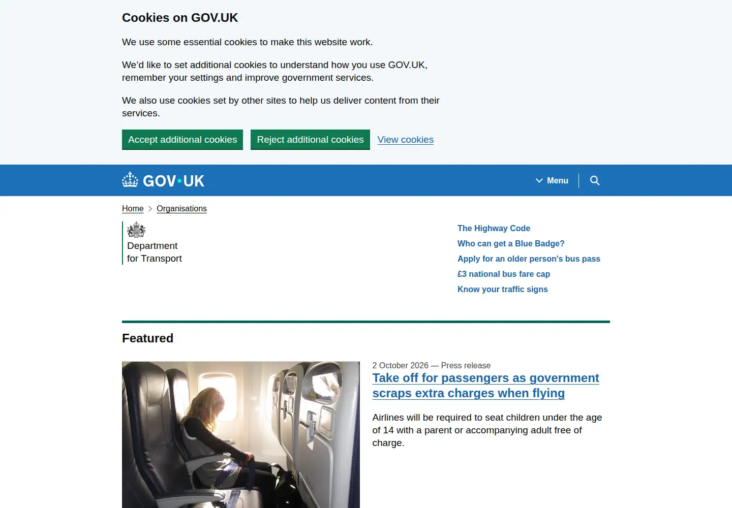Captured homepage of dft.gov.uk in the current scan