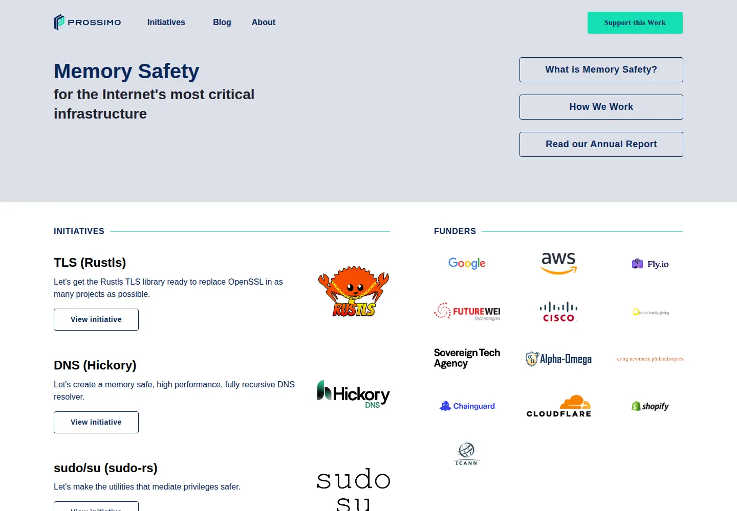 Captured homepage of memorysafety.org in the current scan
