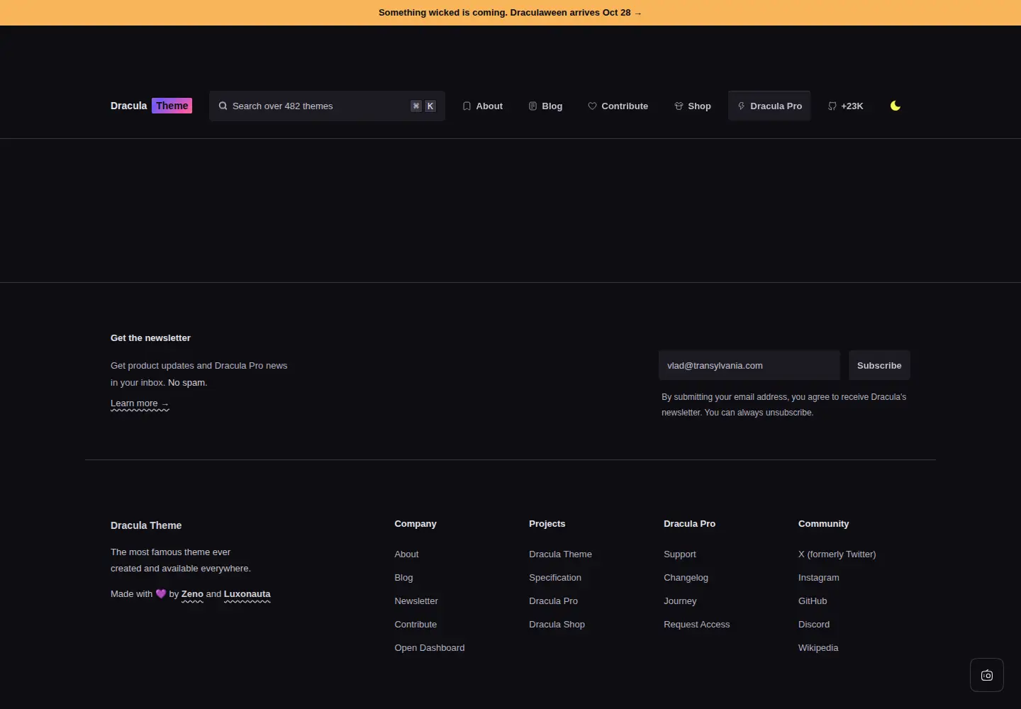 Captured homepage of draculatheme.com in the current scan