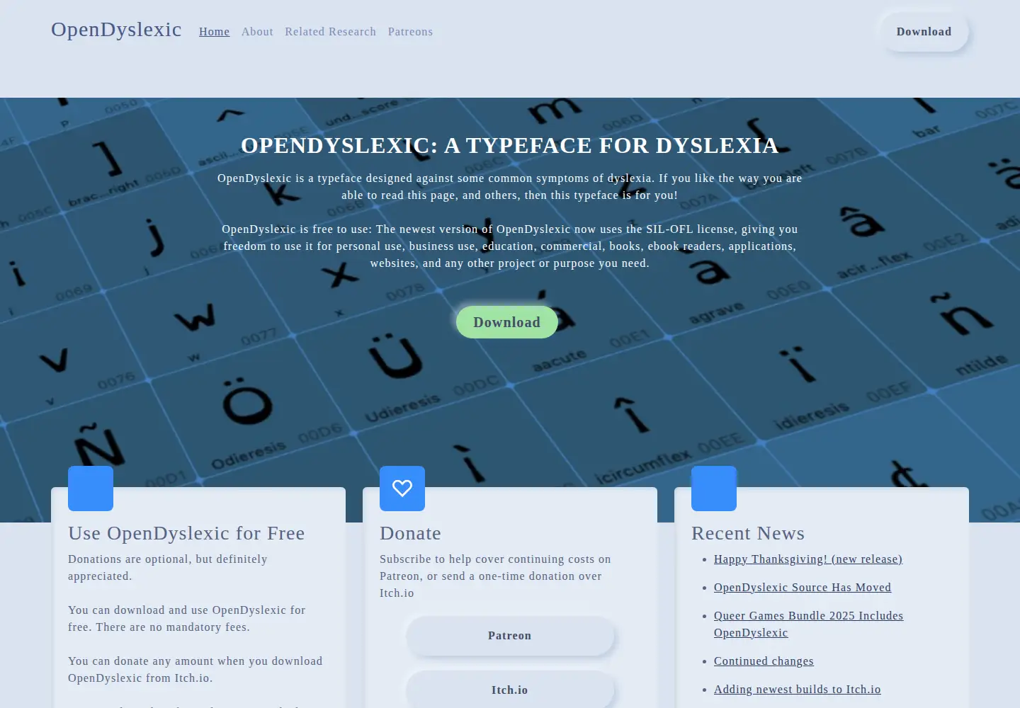 Screenshot of opendyslexic.org