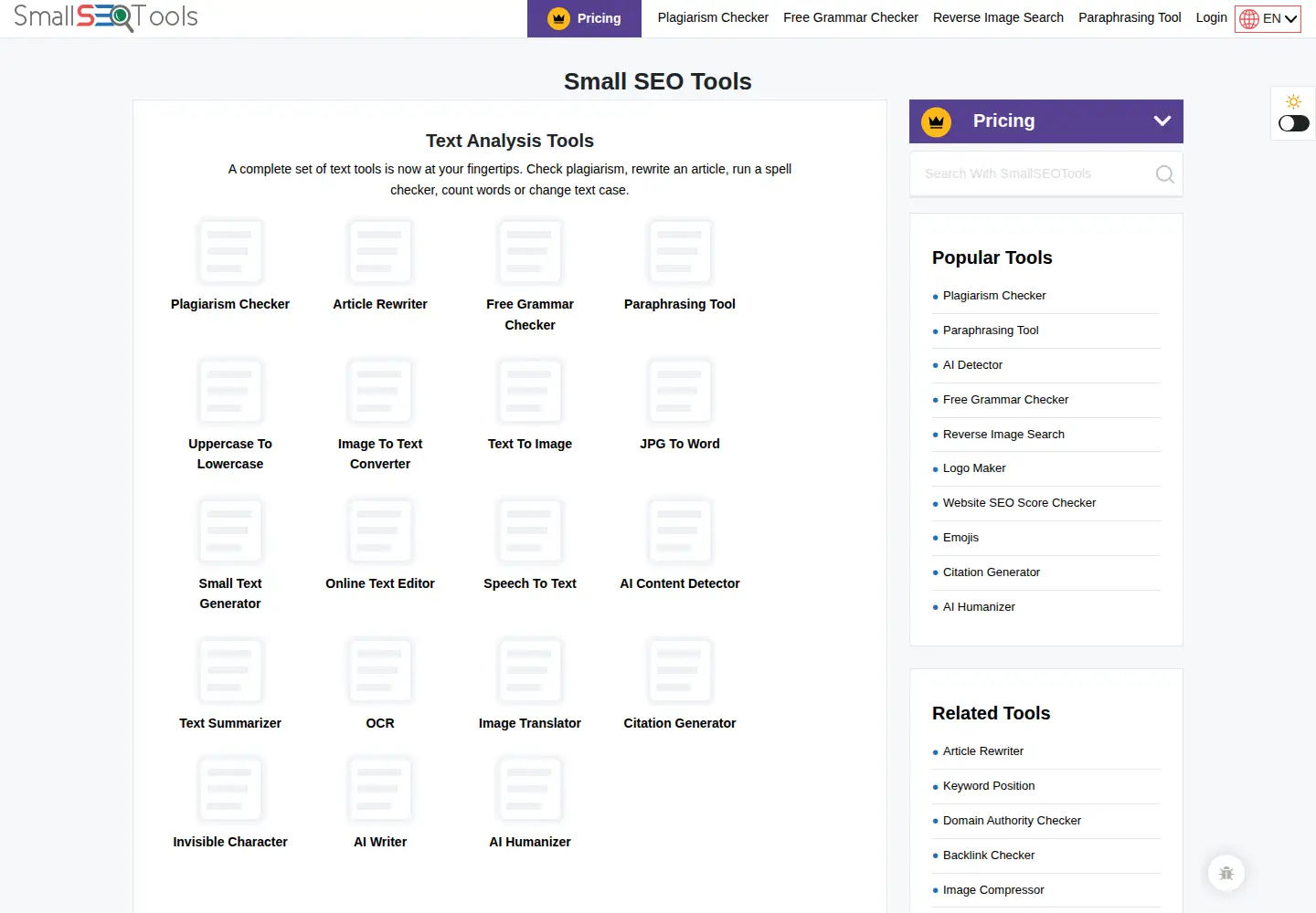Captured homepage of smallseotools.com in the current scan