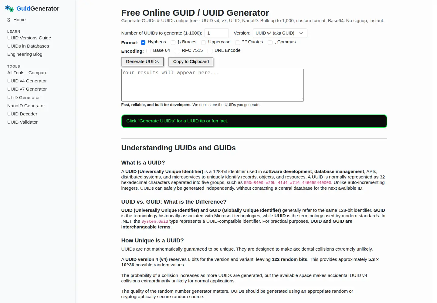 Screenshot of guidgenerator.com