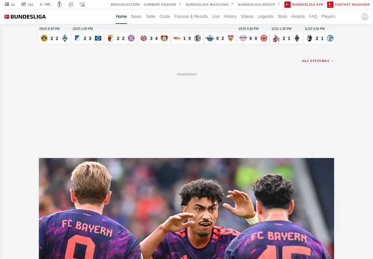 Captured homepage of bundesliga.com in the current scan