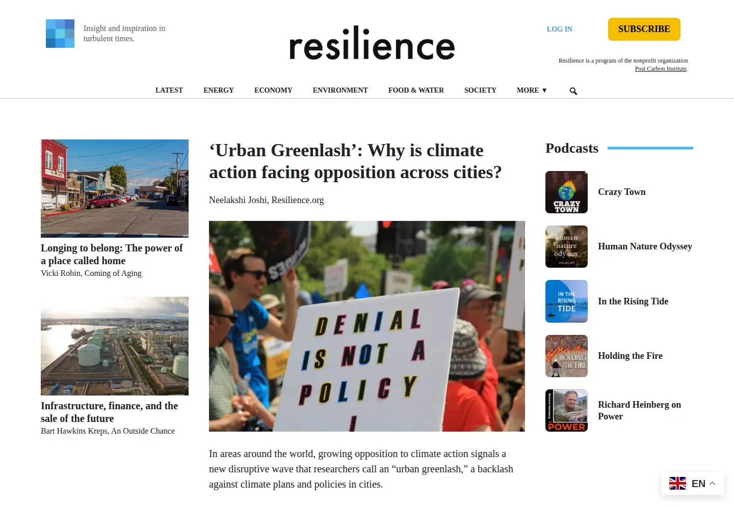 Captured homepage of resilience.org in the current scan