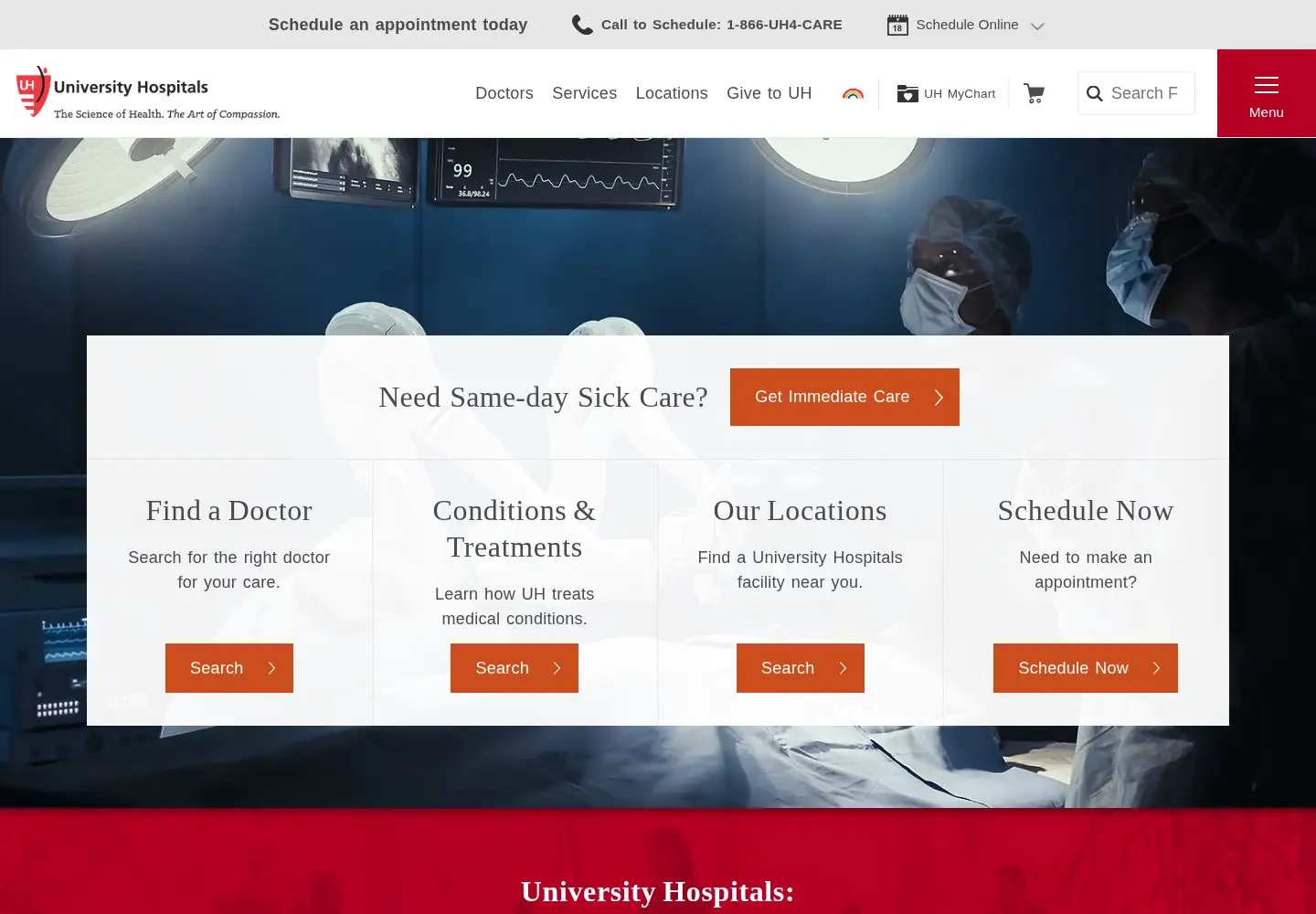 Captured homepage of uhhospitals.org in the current scan