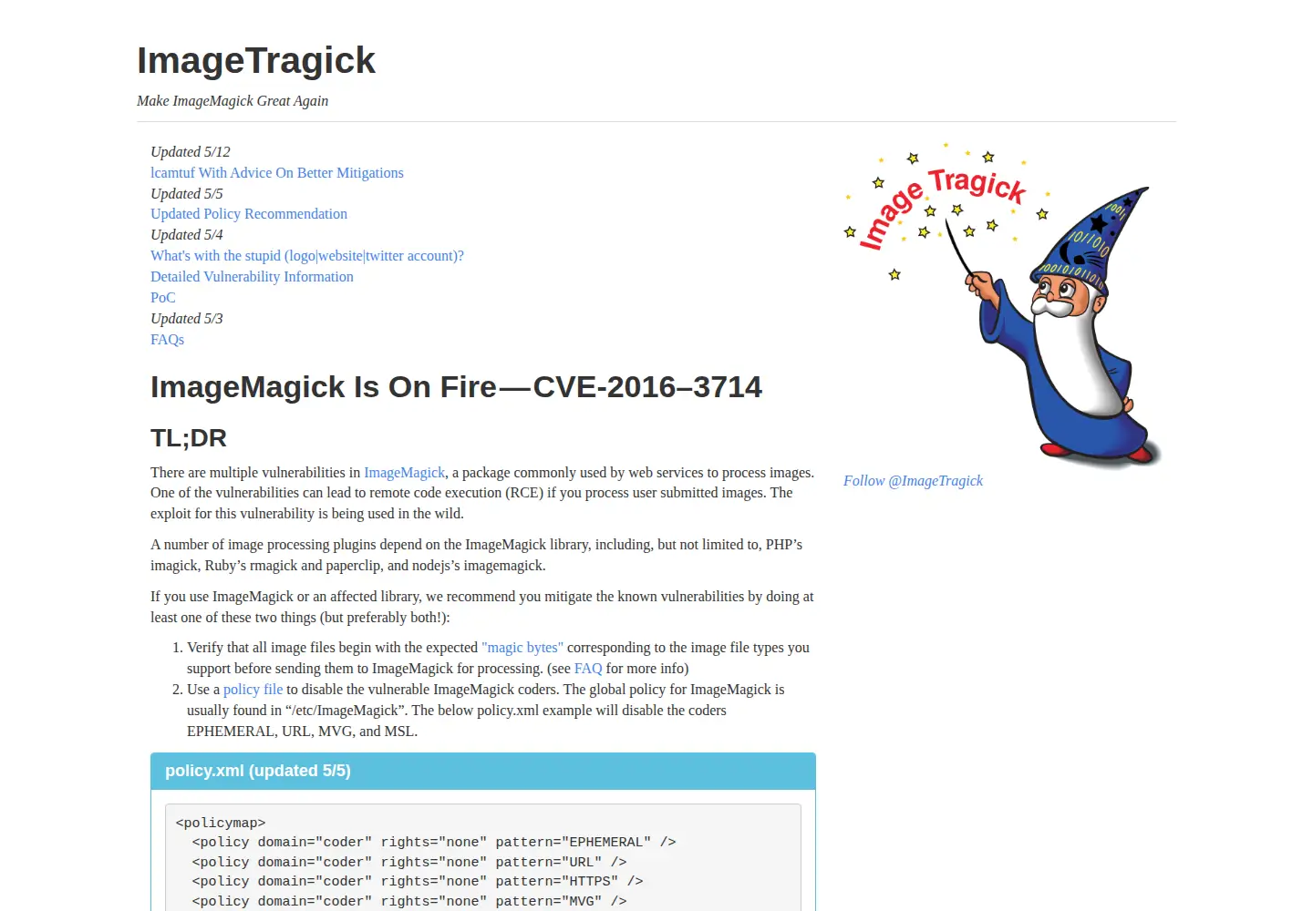 Captured homepage of imagetragick.com in the current scan