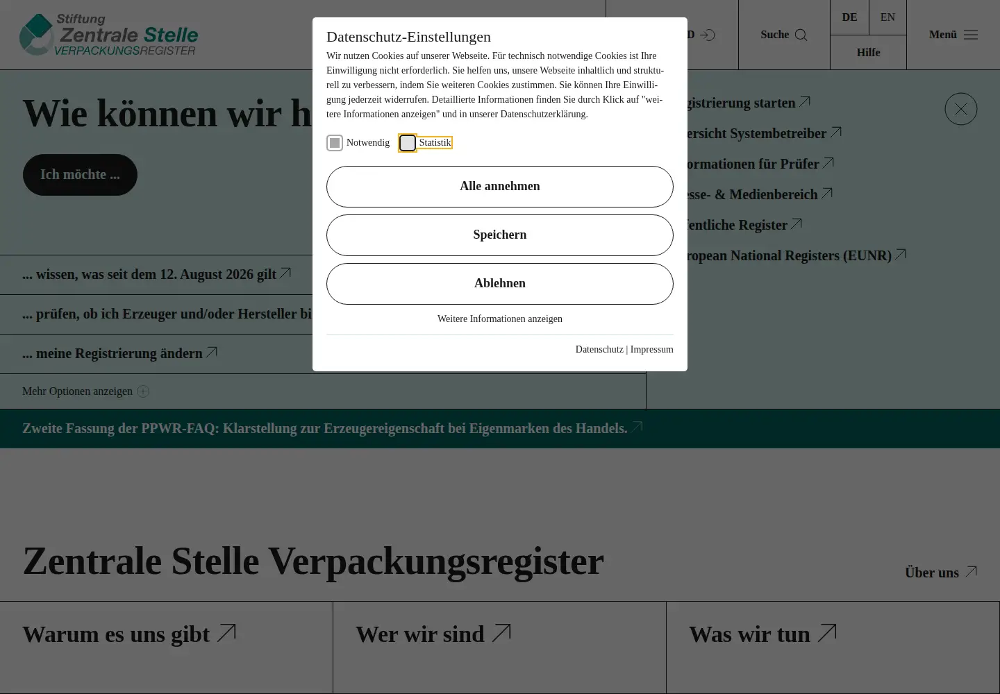Captured homepage of verpackungsregister.org in the current scan