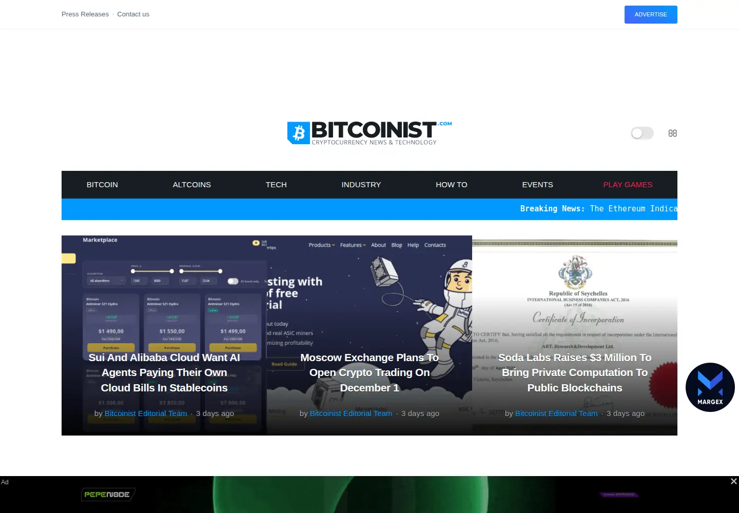Captured homepage of bitcoinist.com in the current scan