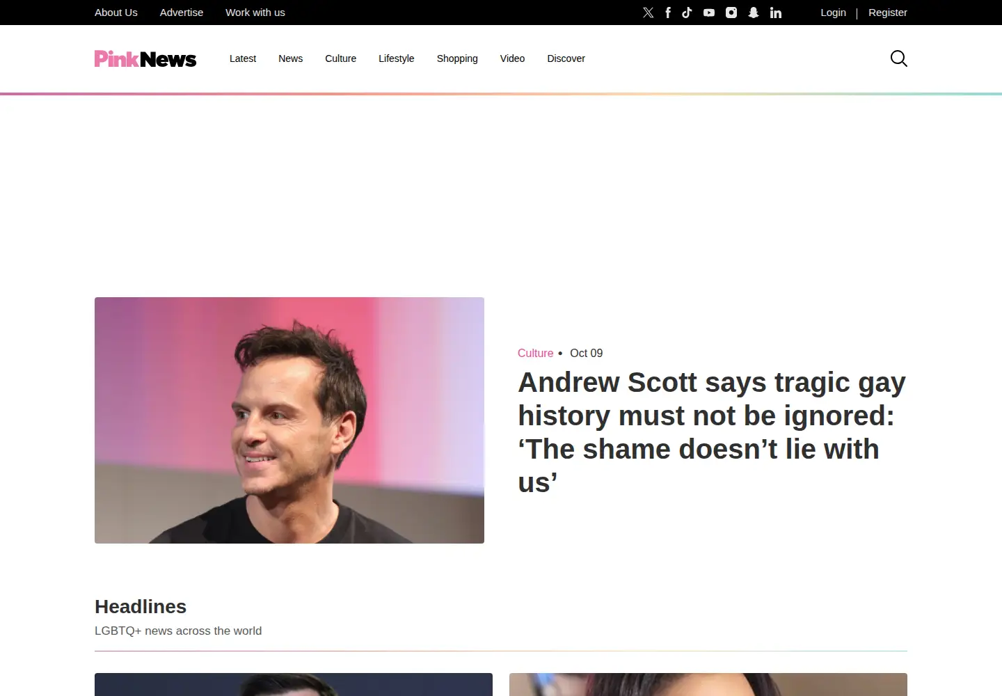 Captured homepage of pinknews.co.uk in the current scan