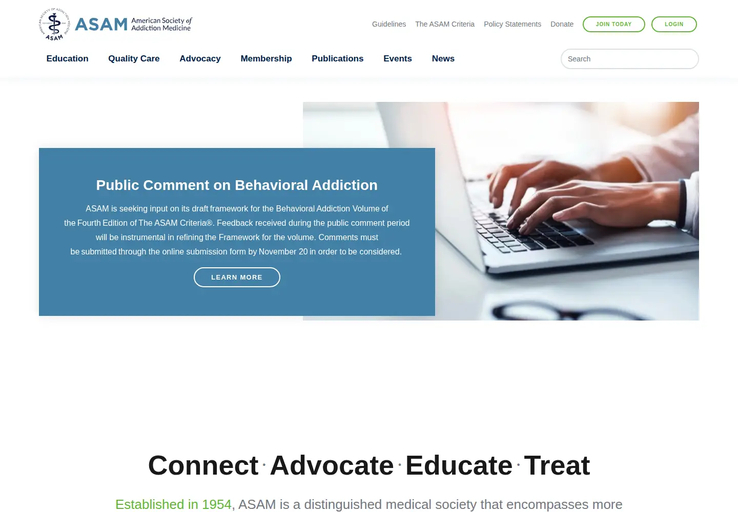 Captured homepage of asam.org in the current scan