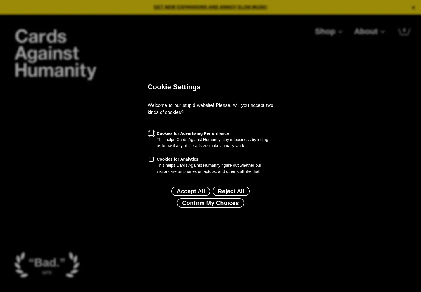 Screenshot of cardsagainsthumanity.com