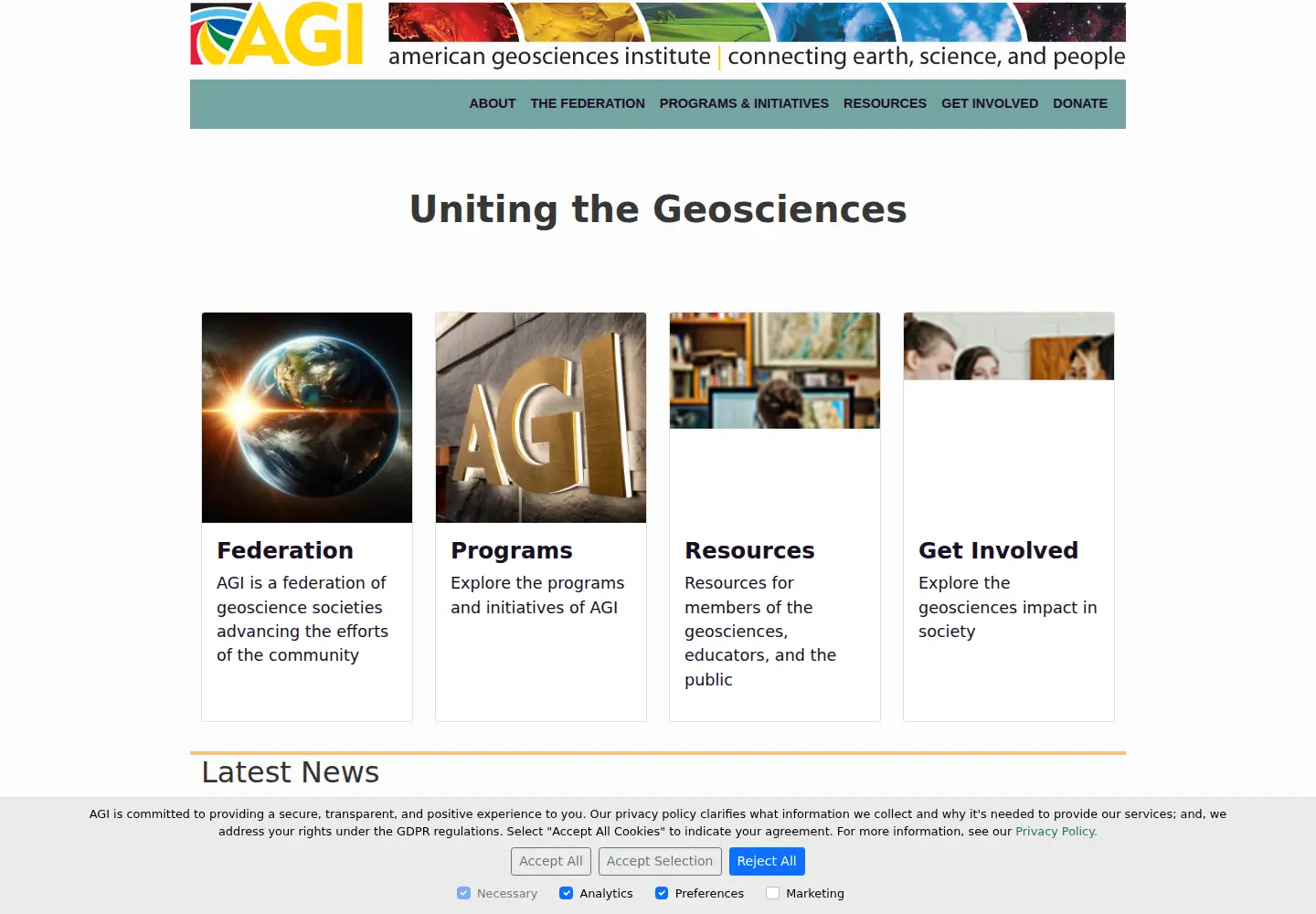 Captured homepage of americangeosciences.org in the current scan