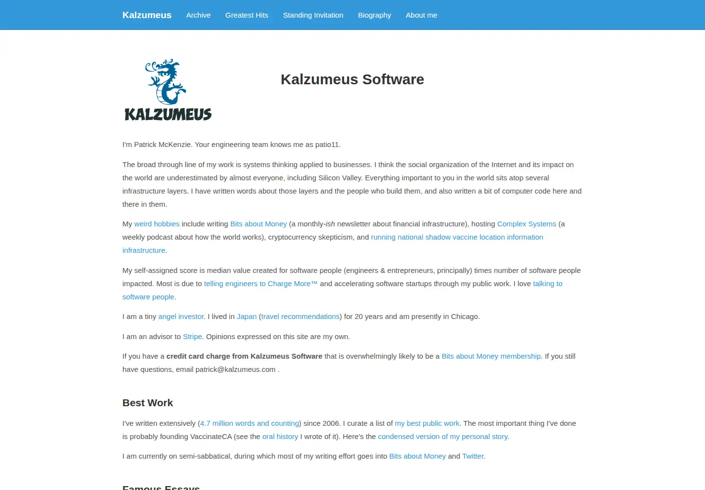 Screenshot of kalzumeus.com