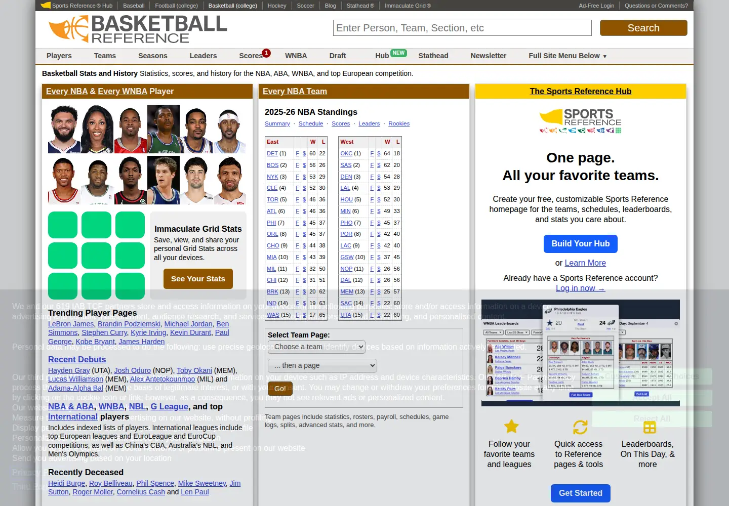 Captured homepage of basketball-reference.com in the current scan