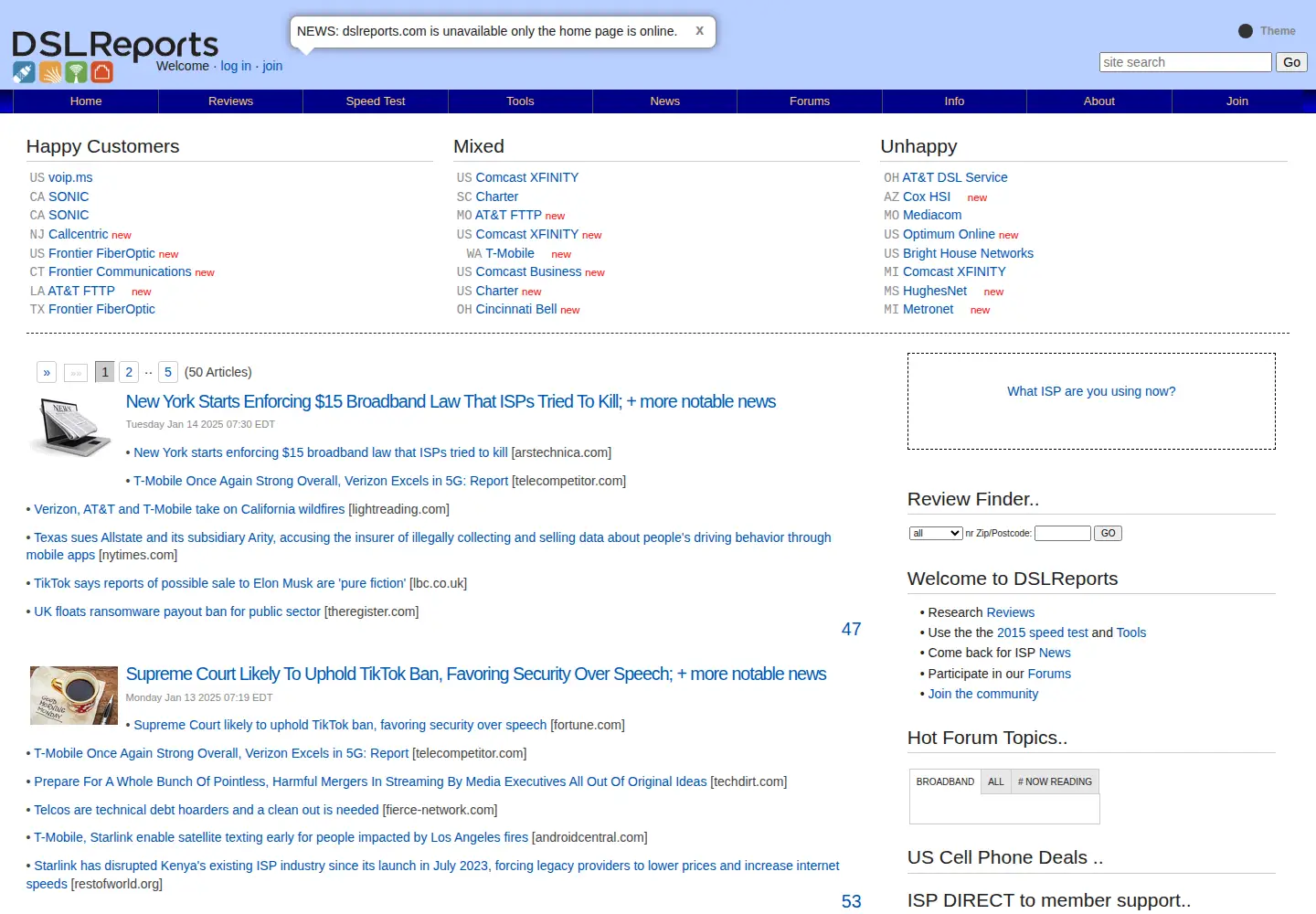 Screenshot of dslreports.com