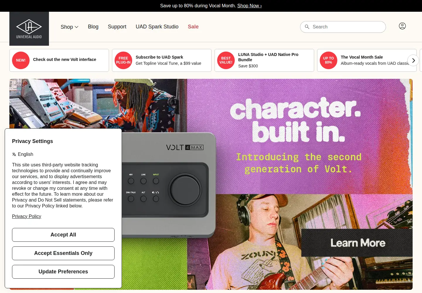 Captured homepage of uaudio.com in the current scan