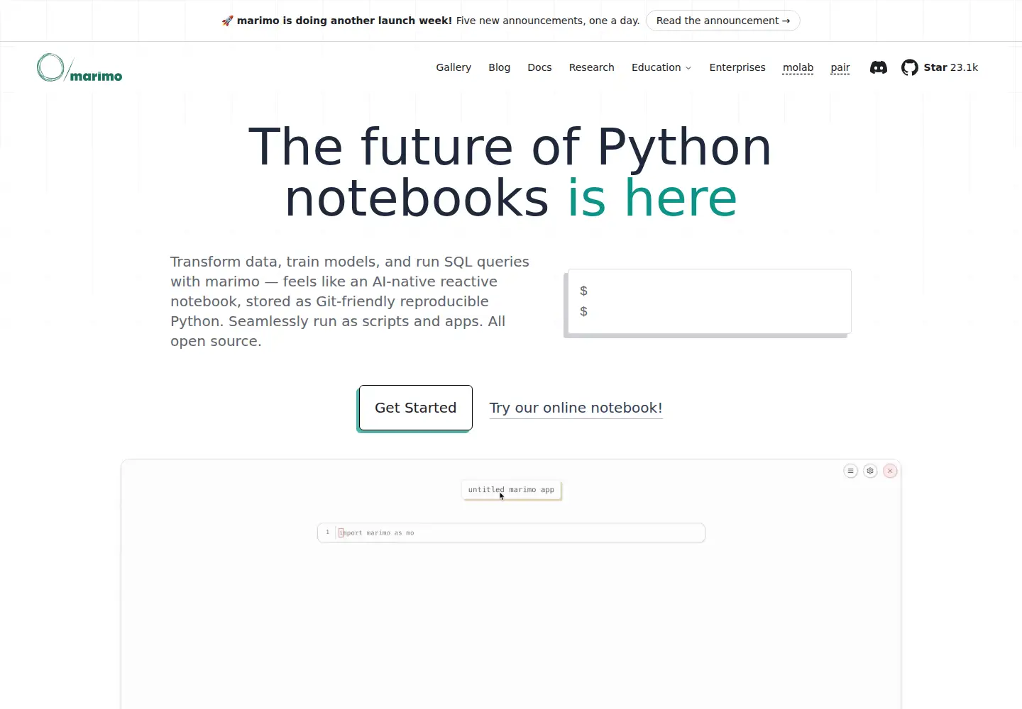 Captured homepage of marimo.io in the current scan