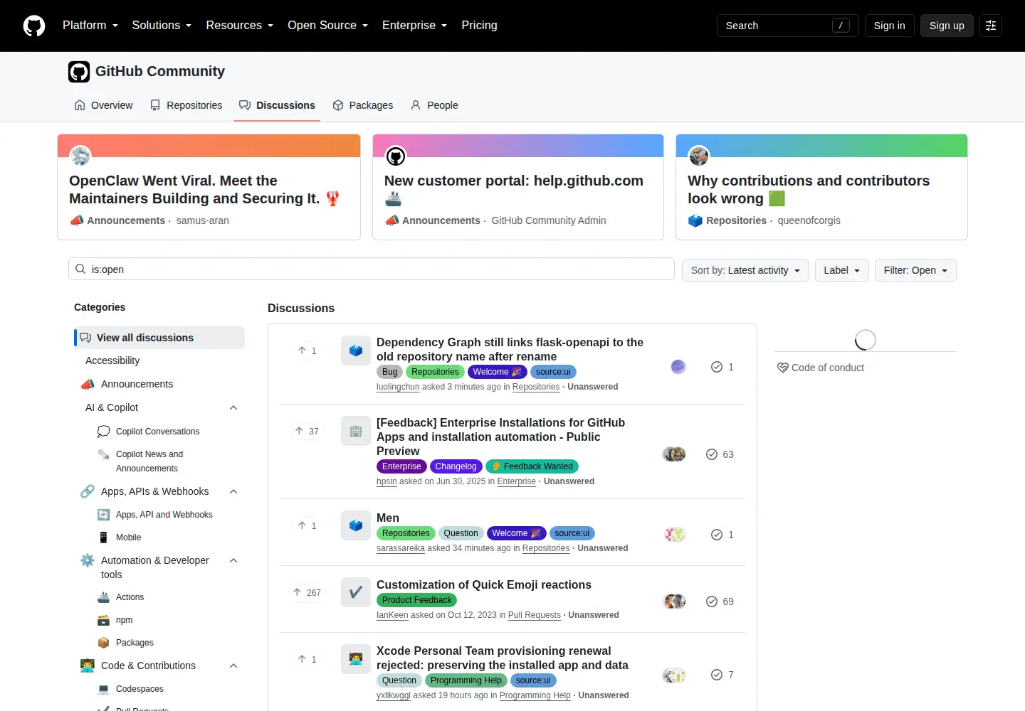 Screenshot of github.community