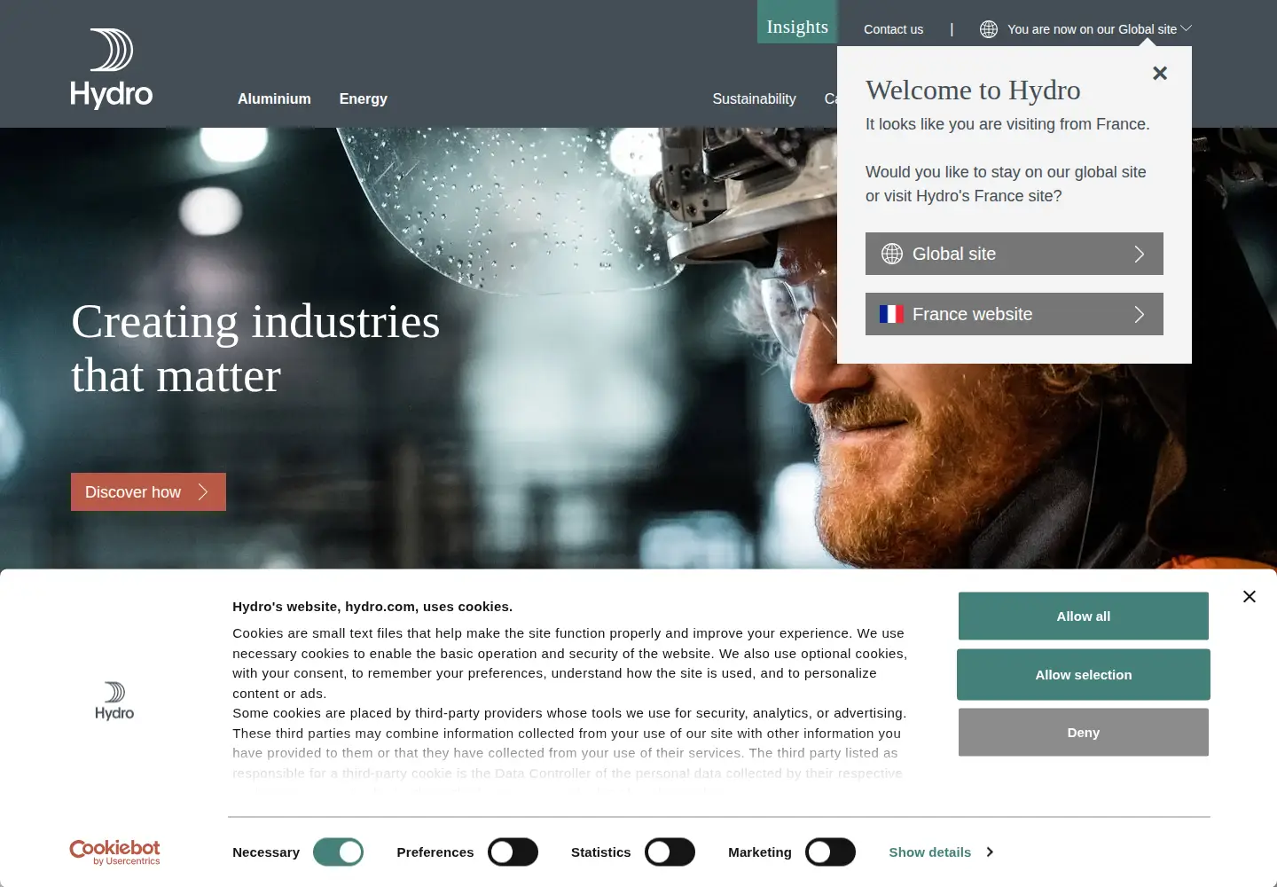 Captured homepage of hydro.com in the current scan