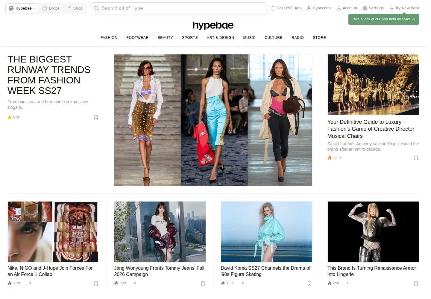Captured homepage of hypebae.com in the current scan