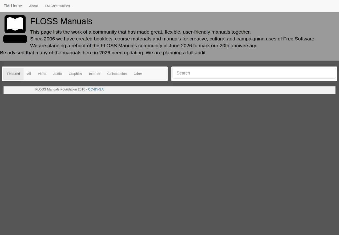 Captured homepage of flossmanuals.net in the current scan