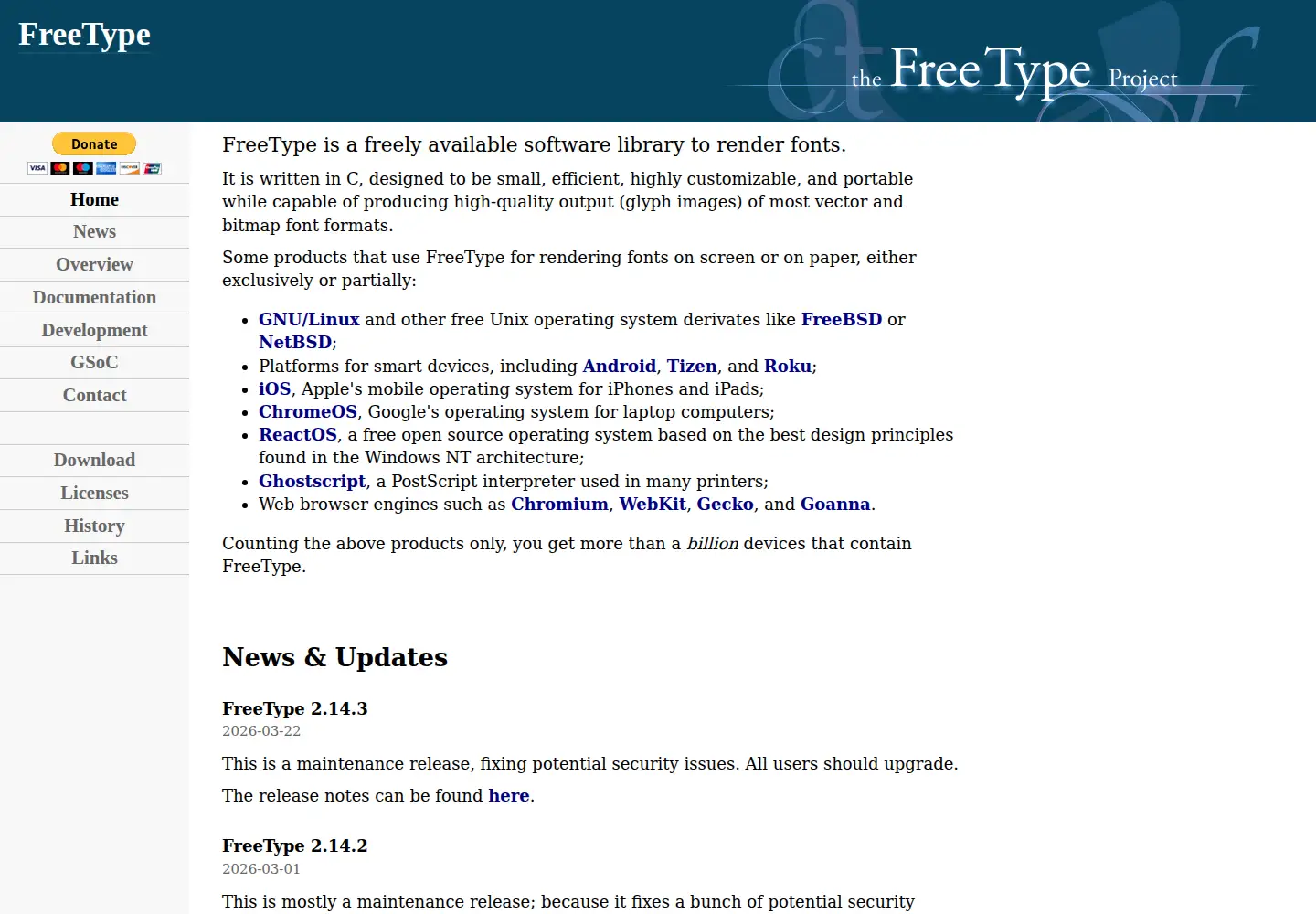 Captured homepage of freetype.org in the current scan