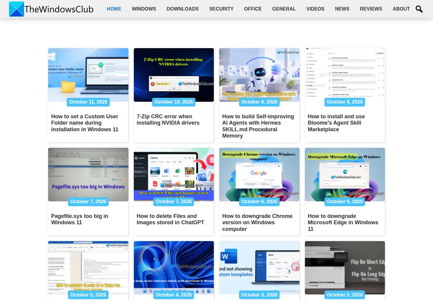Captured homepage of thewindowsclub.com in the current scan