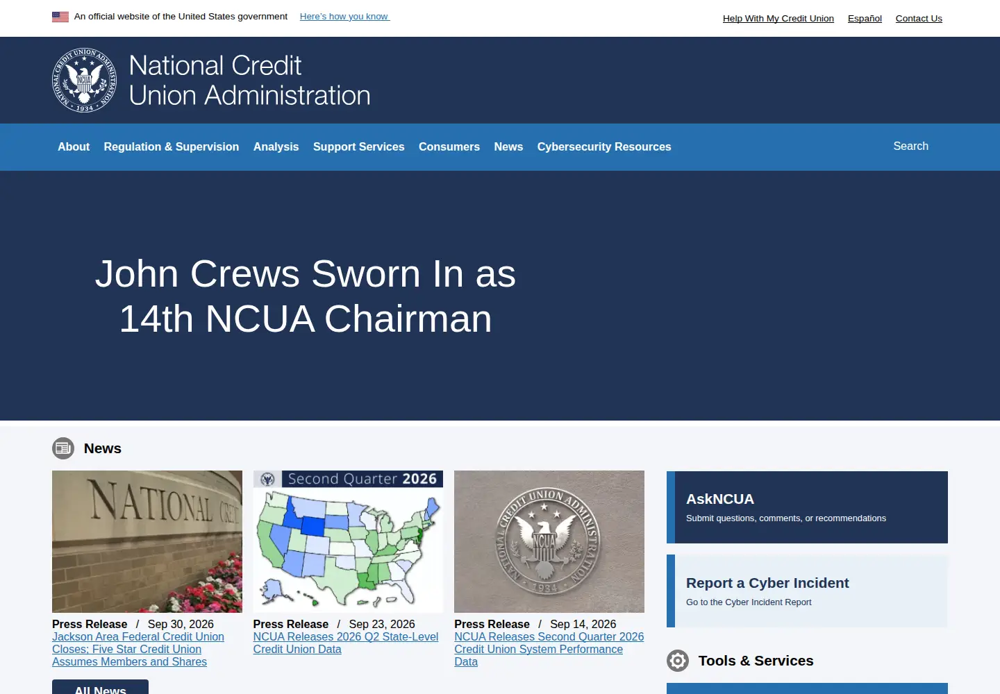 Captured homepage of ncua.gov in the current scan
