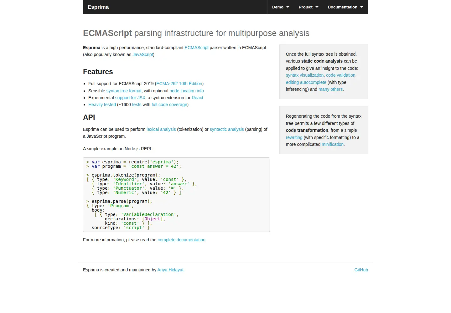 Screenshot of esprima.org