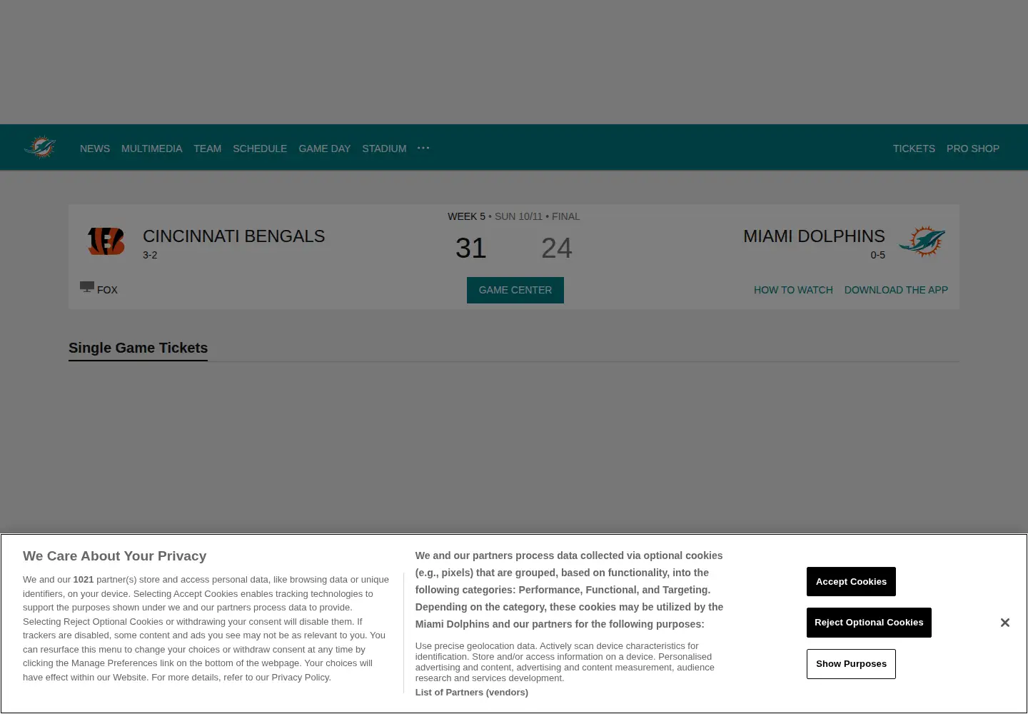 Screenshot of miamidolphins.com