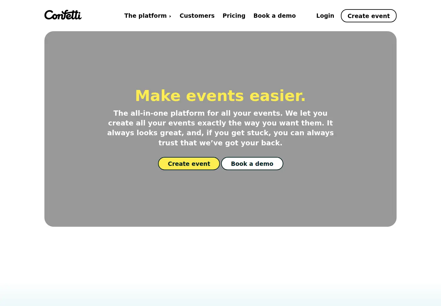 Captured homepage of confetti.events in the current scan
