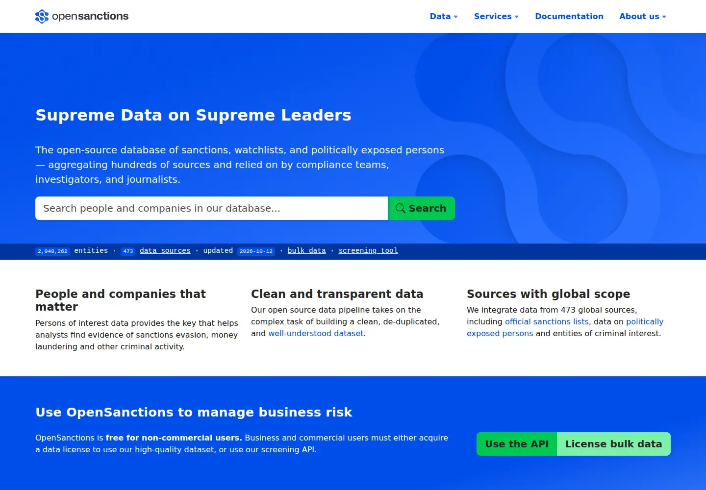 Captured homepage of opensanctions.org in the current scan