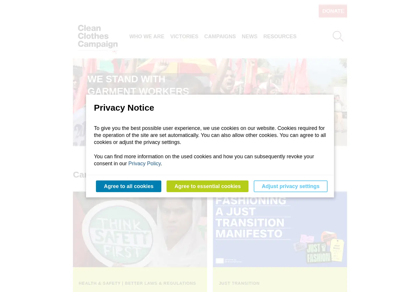 Captured homepage of cleanclothes.org in the current scan
