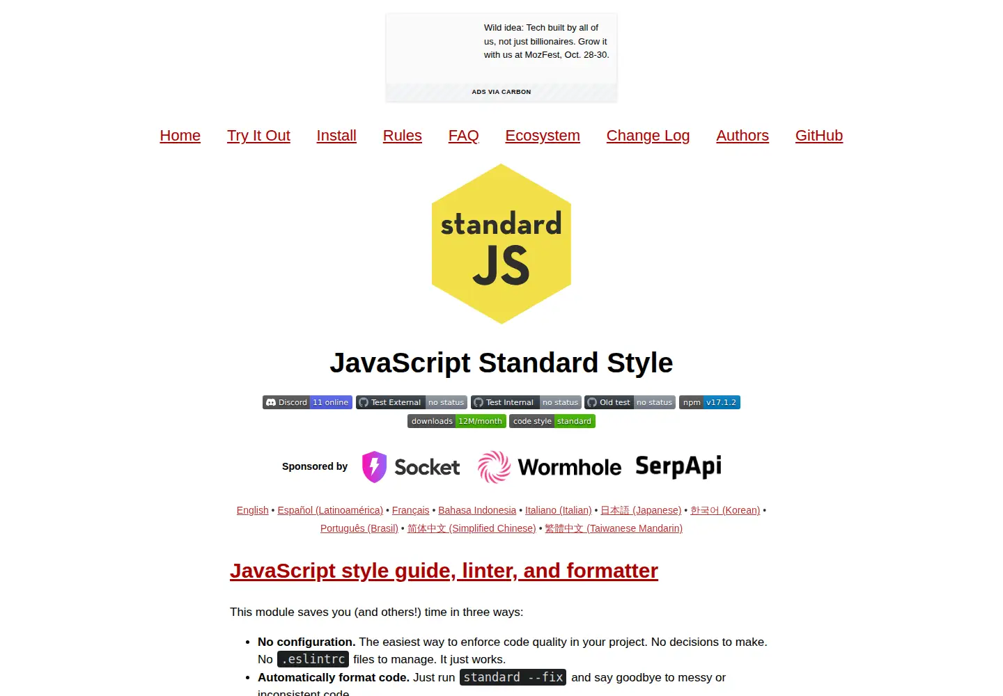 Screenshot of standardjs.com